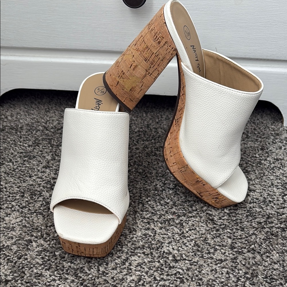 Cork heeled mules